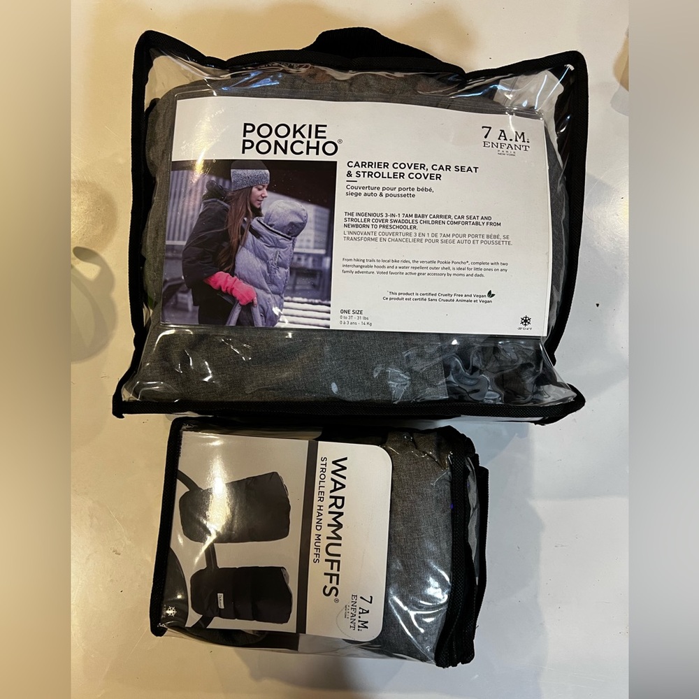 7 A.M. Enfant ‘Pookie Poncho’ stroller/carrier cover and Warmmuffs bundle